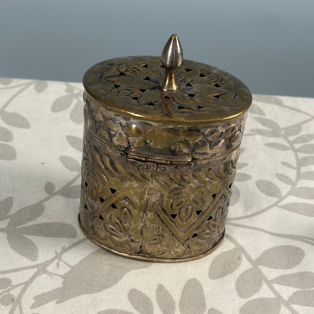 Vintage pierced Metal brass container incense potpourri decor shelf